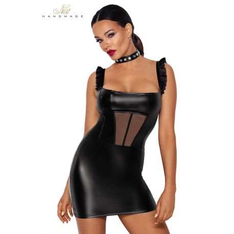 Robe courte wetlook et tulle F257 - Noir Handmade