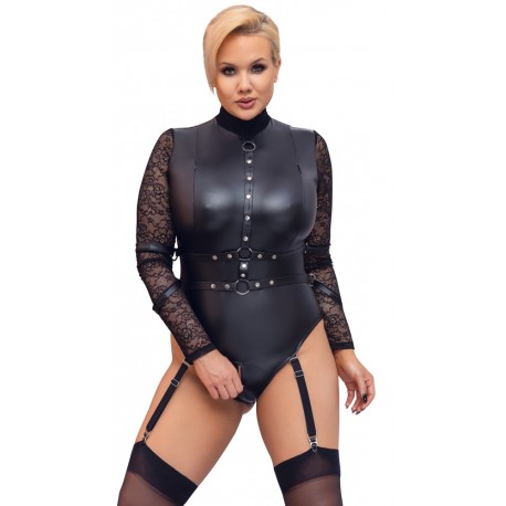 Body de Cottelli BONDAGE PLUS aux détails soyeux dans un look mat avec de longues manches en dentelle